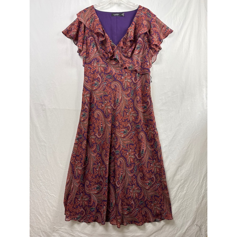 LRL Ralph Lauren Maxi Dress Women 16 Purple Paisley Ruffle V-Neck Flutter